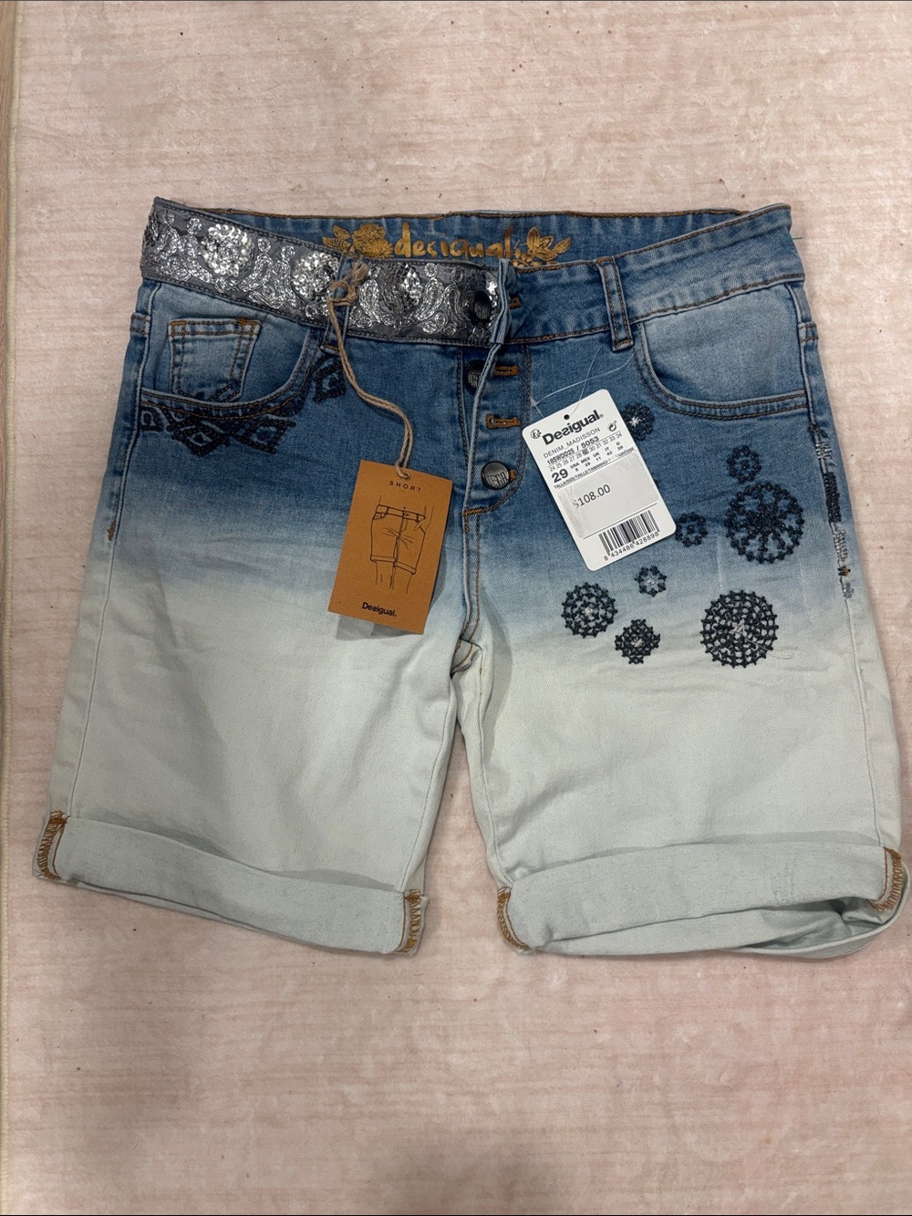 Desigual Blue Ombre Denim Men's Shorts with Embroidered Motifs